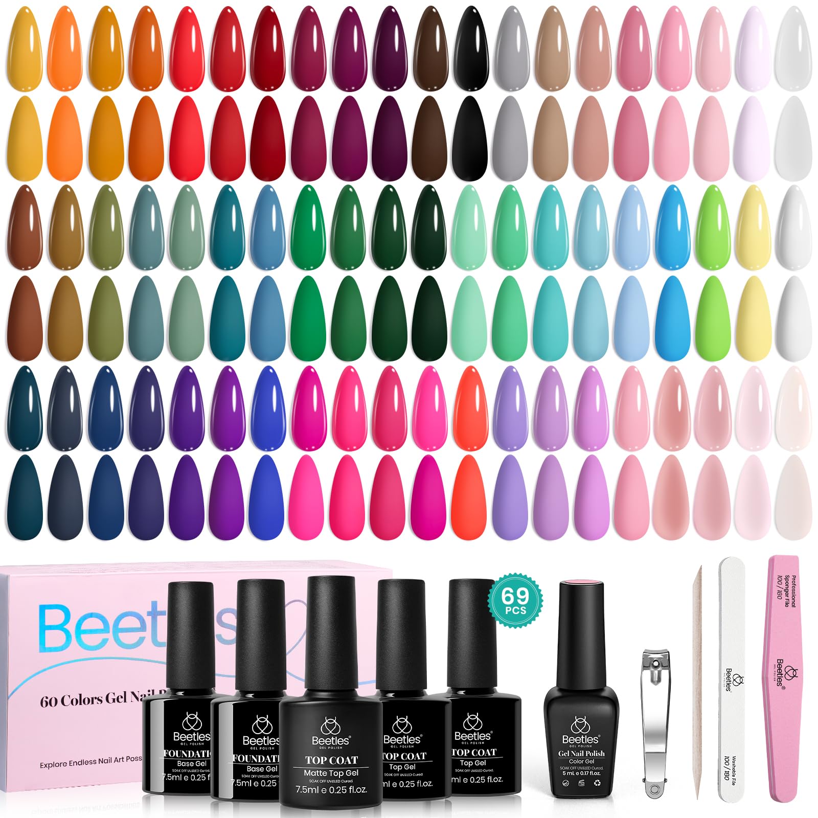 Beetles Gel Nail Polish 70PCS Gel Nail Polish Set- 60 Colors Gel Polish Kit Base Coat Glossy & Matte Top Coat Soak off Emotional Spectrum Collection Red Black Nude White All Seasons Gifts for Women